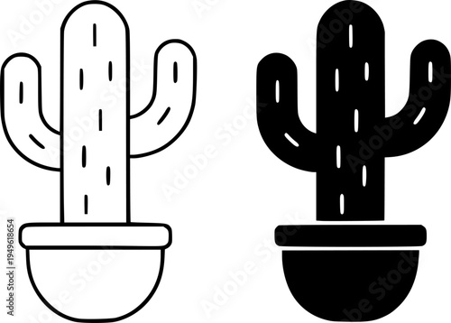 Cactus illustration icon, outline and silhouette, for plant or nature design
