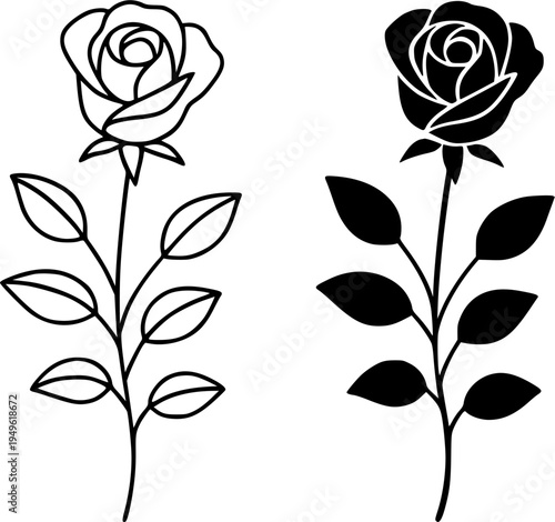 Rose illustration icon, outline and silhouette, for plant or flower design