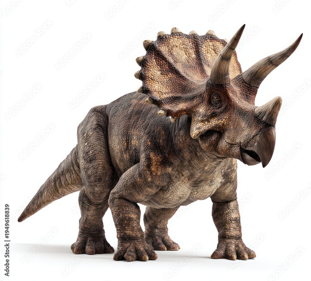 Fototapeta premium Detailed side view of a triceratops dinosaur with textured skin, prominent horns, and bony frill, standing against a plain white background