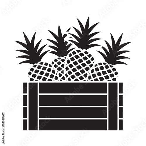 Black and white illustration of pineapples in a wooden crate