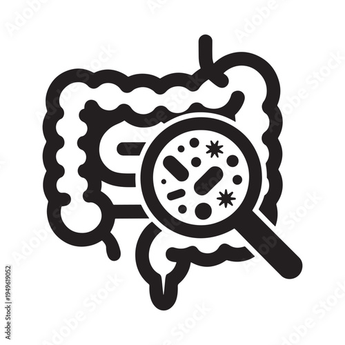 Intestine illustration with a magnifying glass examining gut microbiome