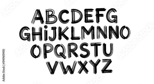 Uppercase English Alphabet Letters in Bold Handwritten Style on Isolated White Background.