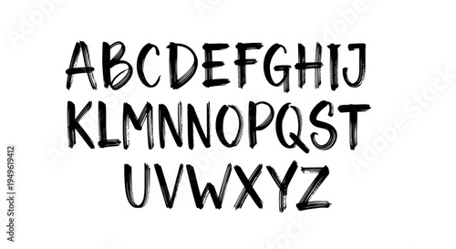 Handwritten Uppercase English Alphabet Letters with Brush Stroke Texture on Isolated White Background.