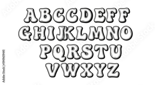 Bold Retro Bubble Alphabet A-Z Uppercase Letters with Inner Shadow and Outline on Isolated White Background