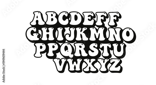 Bold Groovy Bubble Alphabet A-Z Uppercase Letters with Outline and Shadow on Isolated White Background