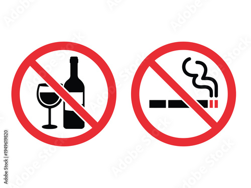 No smoking and no alcohol prohibition signs vector set, red circle with diagonal line symbols for health safety public area regulation and warning signage.
