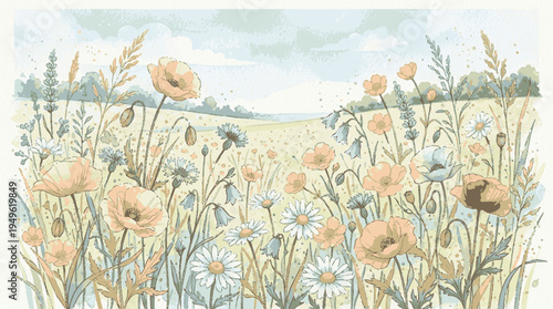 Beautiful wildflowers blooming in a serene summer meadow with soft watercolor textures and muted tones