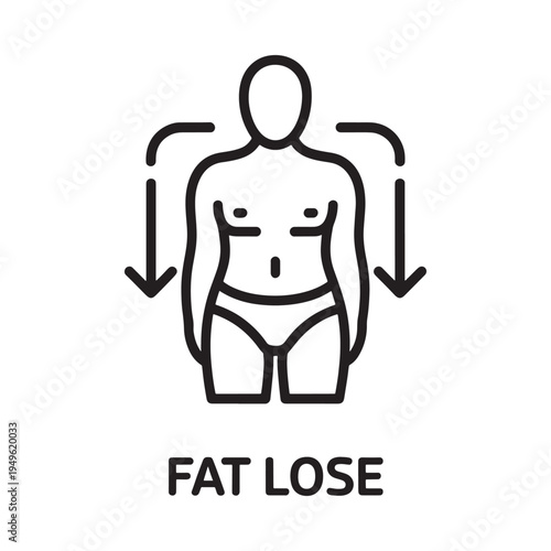 Line art illustration depicting weight loss transformation with arrows and text