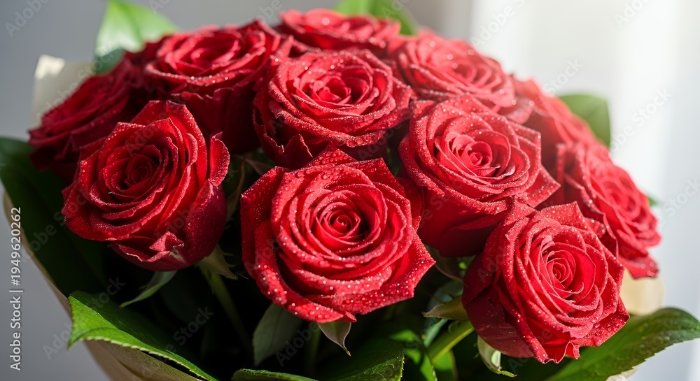 Obraz premium Close-up of lush red roses bouquet, dew drops