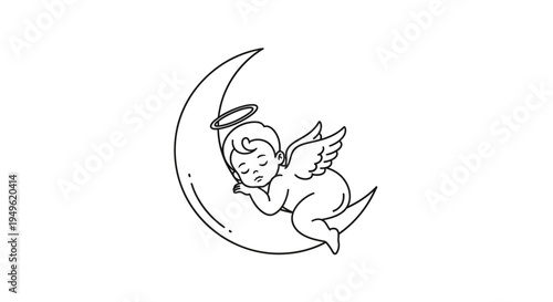 Peaceful Baby Angel with Halo Sleeping on a Crescent Moon, isolated white background