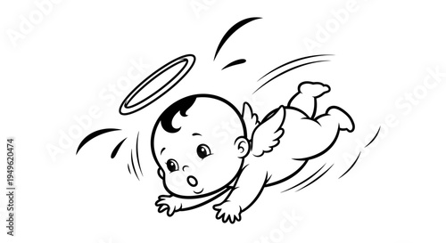 Happy Flying Baby Angel with Halo in White Background
