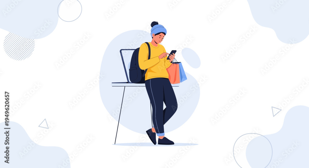 Fototapeta premium Young person with backpack and shopping bags using smartphone, minimalist illustration