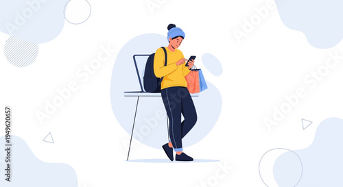 Young person with backpack and shopping bags using smartphone, minimalist illustration