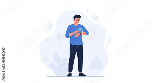 Man checking smart watch with wifi signal icon, modern technology concept