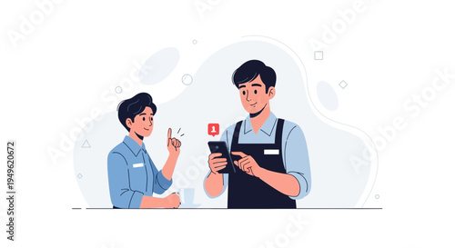 Two young men in aprons discussing a notification on a smartphone