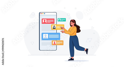 Woman interacting with a mobile app displaying user profiles and messages