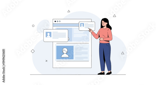 Woman interacting with digital profiles on a screen, online identity concept