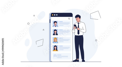 Man with Smartphone Browsing Contacts List on Large Phone Screen