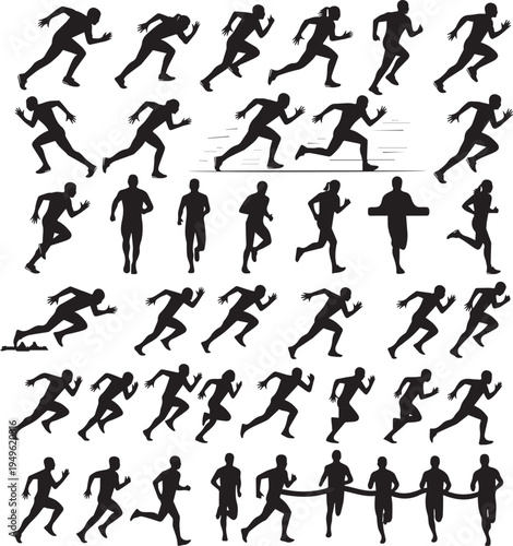 A collection of running silhouettes in various poses and speeds on a white background