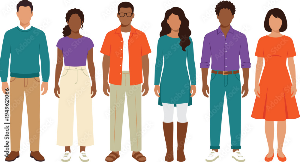 Obraz premium Flat vector illustration of diverse multiethnic group of men and women standing together in casual modern clothing, inclusive community