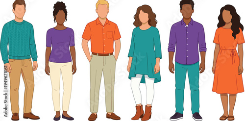 Vector illustration of diverse group of people standing together in colorful casual clothing for community, teamwork, and inclusion concept