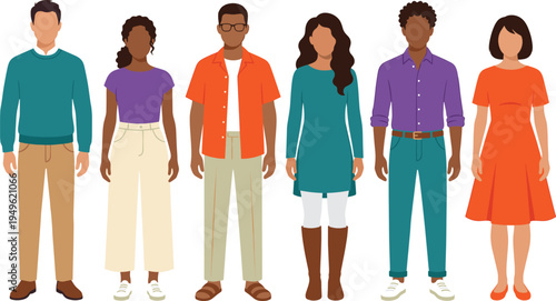 Flat vector illustration of diverse multiethnic group of men and women standing together in casual modern clothing, inclusive community