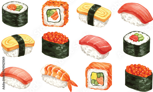 Vector Illustration Japanese Sushi Assortment