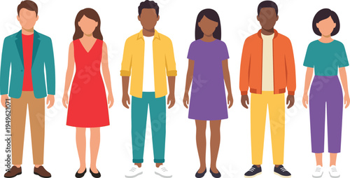 Diverse group of multiracial men and women standing together in colorful casual clothing, flat cartoon style social community characters