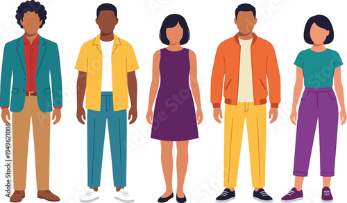 Diverse Group of People Standing Together in Stylish Modern Casual Outfits, Multicultural Characters Flat Vector Illustration Design Set