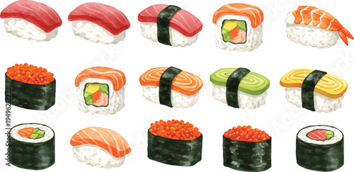Vector Illustration Assortment of Japanese Sushi and Sashimi Pieces