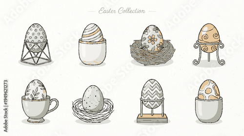 Whimsical vector set of easter egg holders with small stands and cups in playful designs