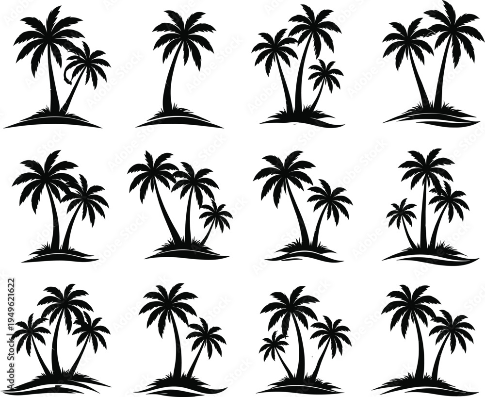 Fototapeta premium ropical Palm Tree Silhouette Collection - 12 Isolated Coconut Tree Vector Icons for Summer Beach Design