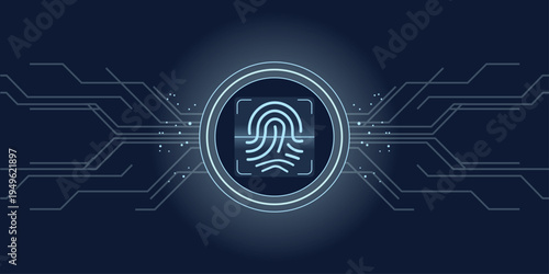 Fingerprint scan symbol. Circular biometric authentication interface with concentric scan rings and simple line fingerprint pattern. Connected network nodes and verification signals.