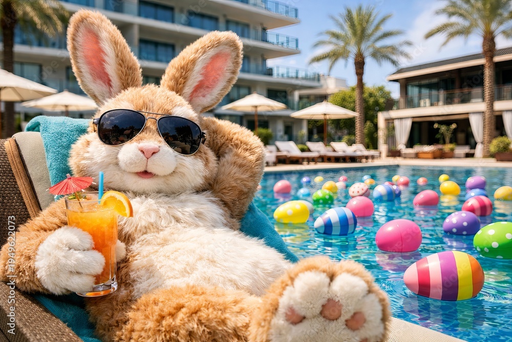 Fototapeta premium Fluffy easter bunny relaxing poolside with sunglasses and cocktail amid colorful eggs. concept of easter celebration, leisure, springtime fun