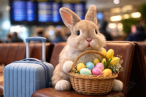 Cute easter bunny with basket of colorful eggs and suitcase in airport. concept of holiday travel, festive celebration, springtime adventure