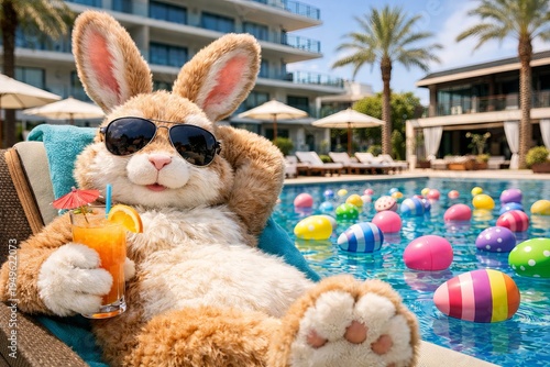 Fluffy easter bunny relaxing poolside with sunglasses and cocktail amid colorful eggs. concept of easter celebration, leisure, springtime fun