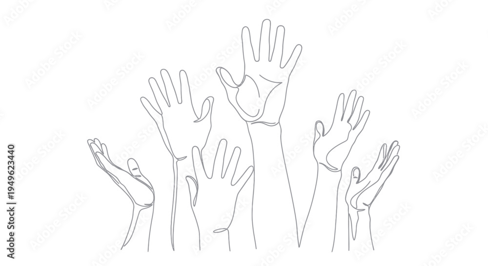 Fototapeta premium Multiple hands raised in a gesture of participation or seeking attention.