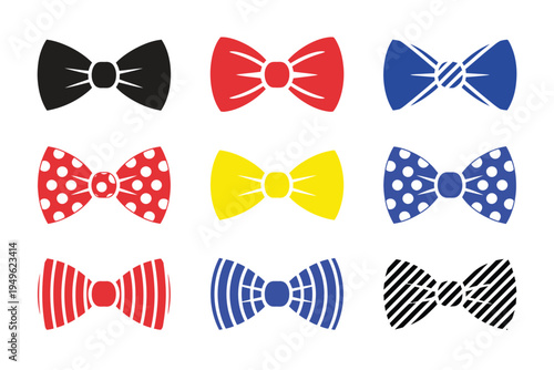 Bow tie silhouette set illustration, classic menswear accessories with black and white patterned bowties for formal fashion clothing and style design.