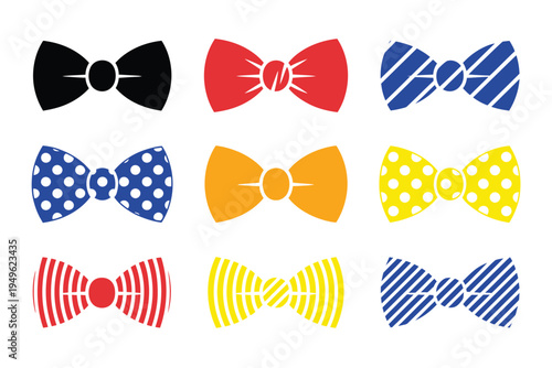 Bow tie silhouettes illustration, classic menswear accessories set featuring black and white patterned bowties elegant formal fashion icons isolated vector collection.