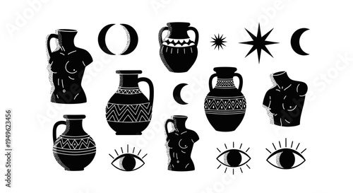 Mystical Black and White Greek Mythology Inspired Elements.