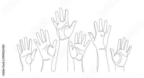 Outline Drawing of Multiple Hands Raised in Unison, Symbolizing Unity and Participation.