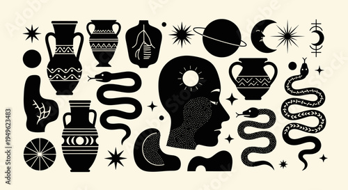 Mystical Esoteric Collection with Human Head, Snakes, and Ancient Vases.