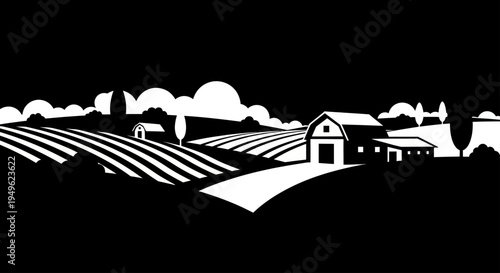 Rural Farm Landscape with Barn and Fields Black and White.