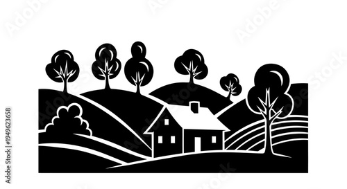 Rural landscape with house and trees in a stylized black and white illustration.