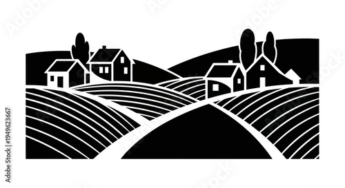 Rural landscape with houses and fields in a minimalist black and white style.