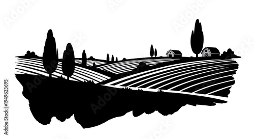 Rural landscape with rolling hills and scattered trees.