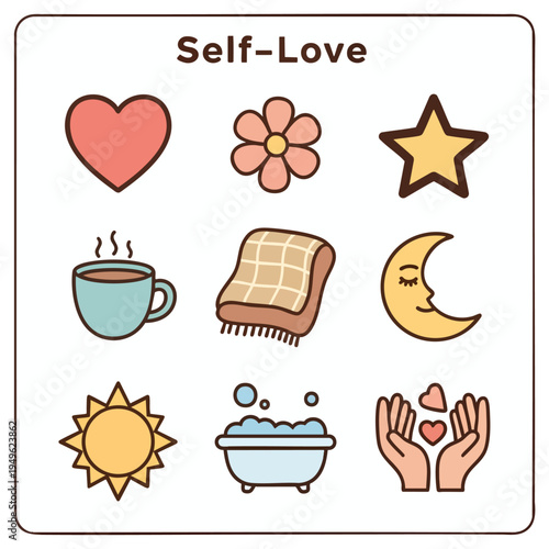 Self care icon collage representing love wellness relaxation and balance.
