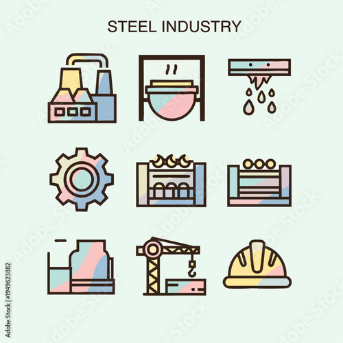 Steel Industry Icons Set With Factory Machinery And Gears.