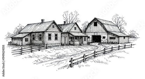 Rustic Farmhouse and Barn with Fenced Driveway Sketch.