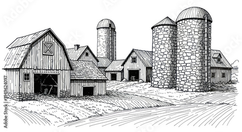 Rustic Farm Buildings and Silos in a Rural Landscape Sketch.